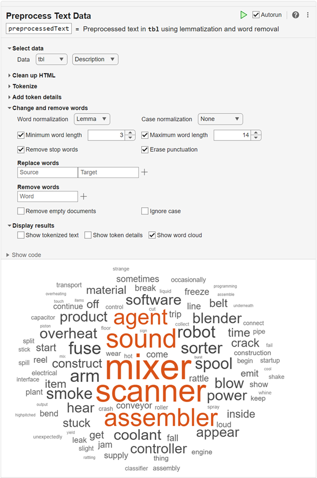 Preprocess Text Data Task in Live Editor with the default options