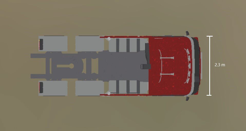 Top-down view of tractor with its width marked as 2.3 meters.