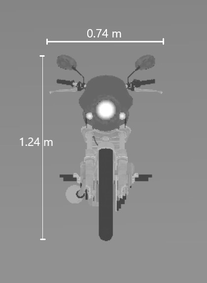 Front view of motor bike. Width is .72 meters. Height is 1.24 meters.