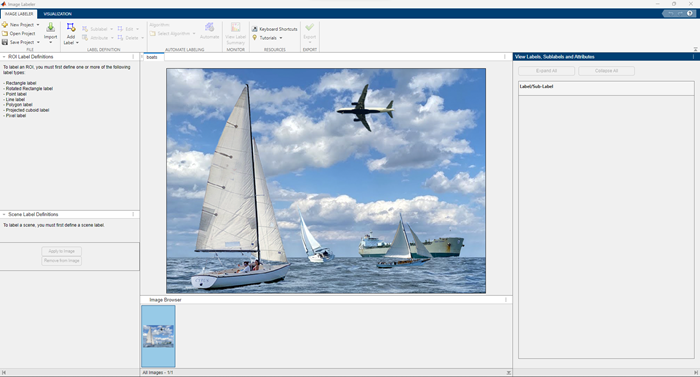 Image labeler app with one image of boats displayed.