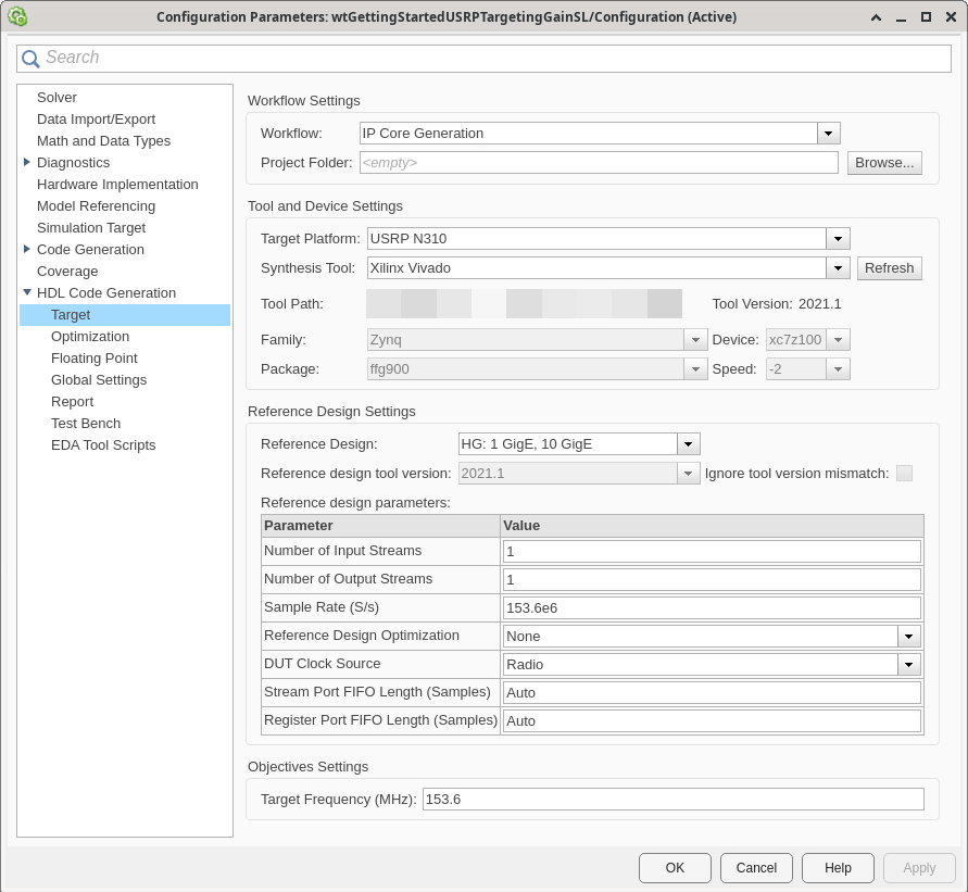 HDL Code Generation > Target panel in the Configuration Parameters window