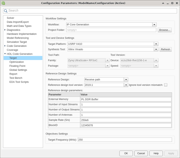 HDL Code Generation Target settings in the Configuration Parameters window.
