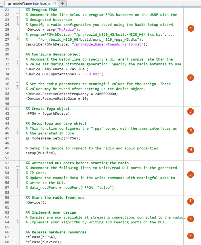 Interface script annotated with descriptions of each section from the numbered list.