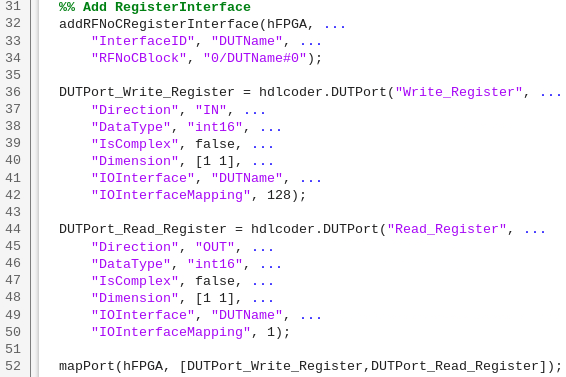 Snippet from the setup function script that creates an RFNoC register interface and maps it to DUT register ports.
