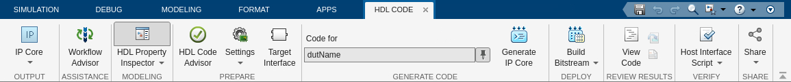 HDL Code tab in the Simulink toolstrip