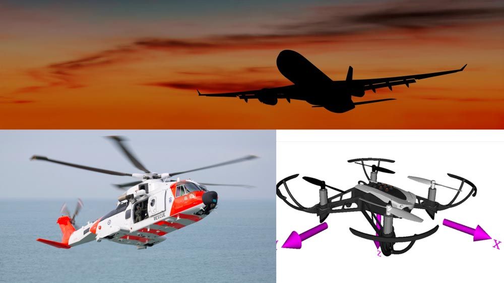 A jet airliner, a search-and-rescue helicopter, and a quadcopter in flight.