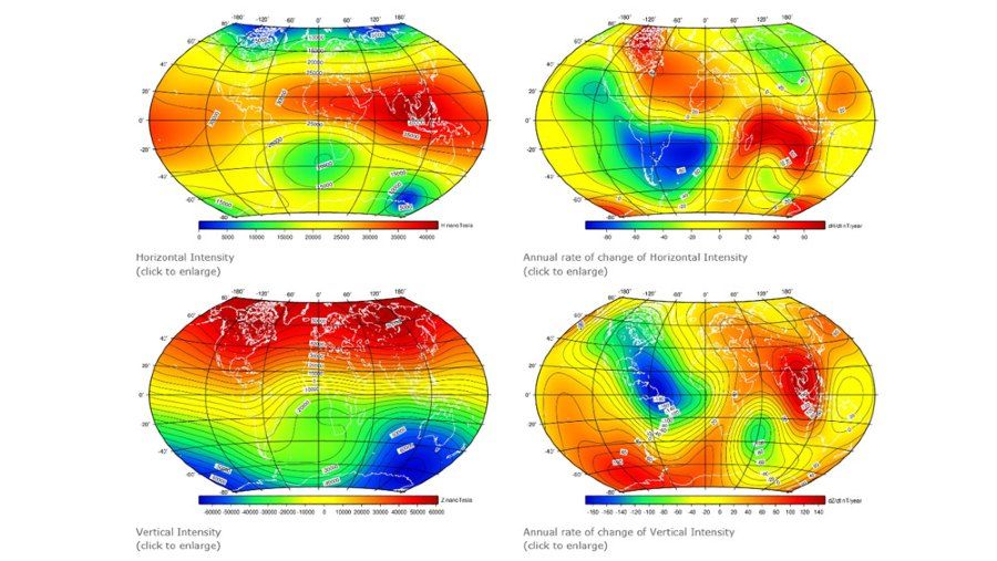 Four global maps showing different metrics for the Earth’s gravitational field.