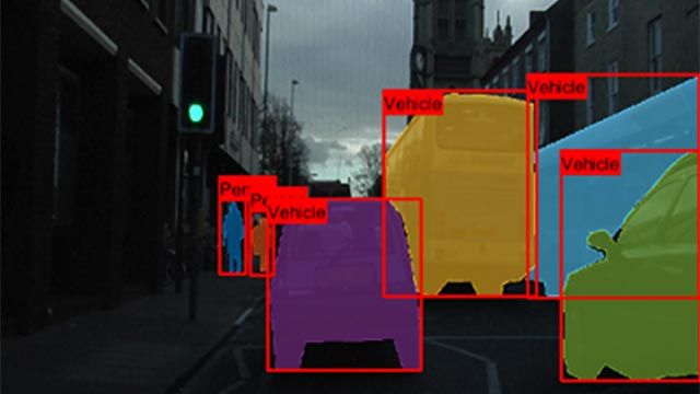 Pedestrians, cars, and buses labeled using instance segmentation.