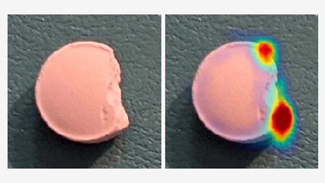 Original pill image and the same image with anomaly markings.