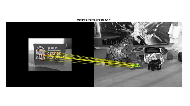 Two side-by-side images of a box and of the same box within a larger scene, with lines connecting individual matching features in the images.
