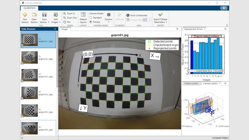 Multiple fisheye images of a checkerboard used to calibrate a camera using the Camera Calibrator app.