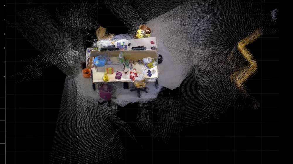 A dense scene reconstruction created by applying visual SLAM to data from an RGB-D camera.