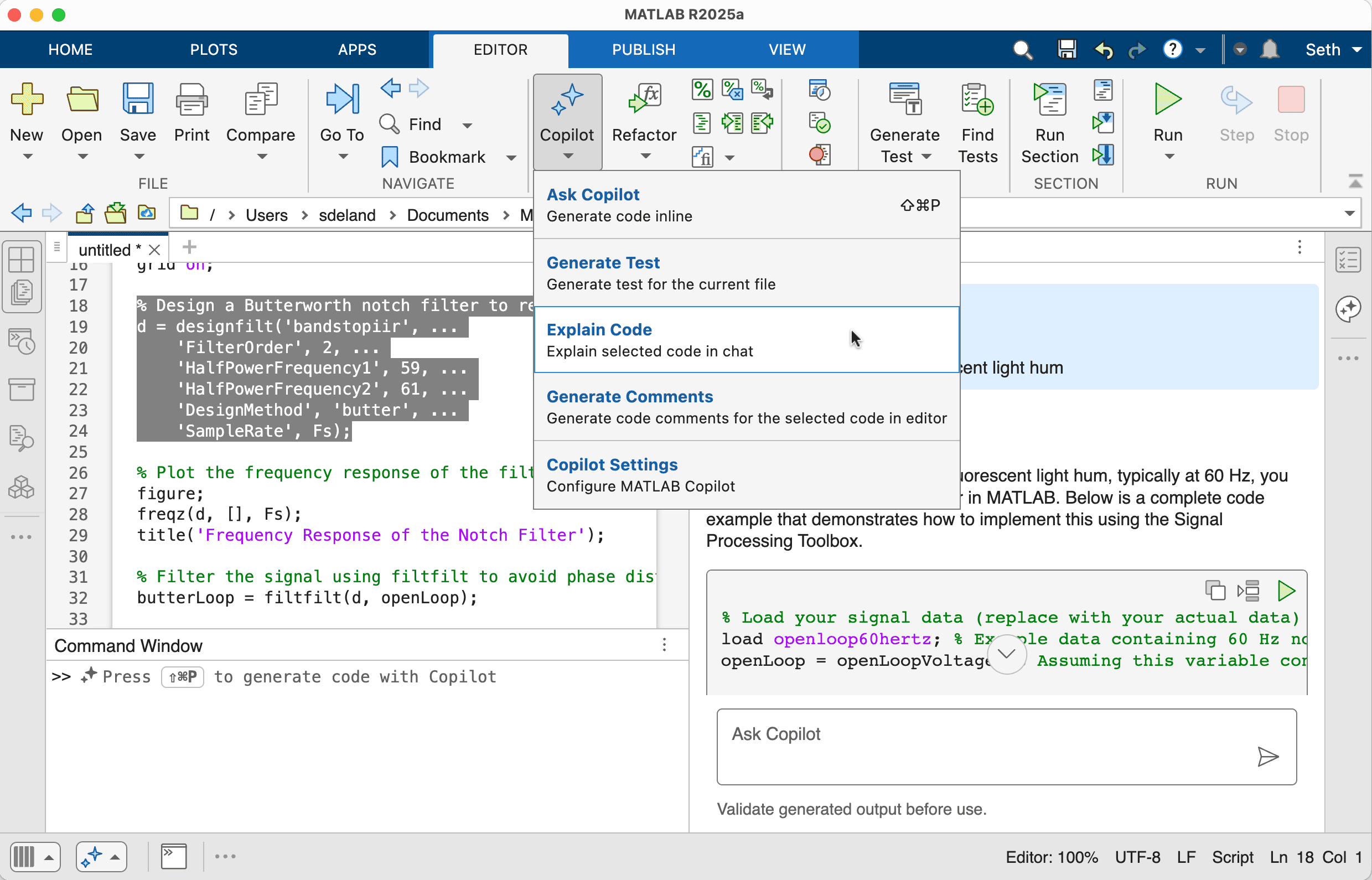 Screenshot of MATLAB Copilot