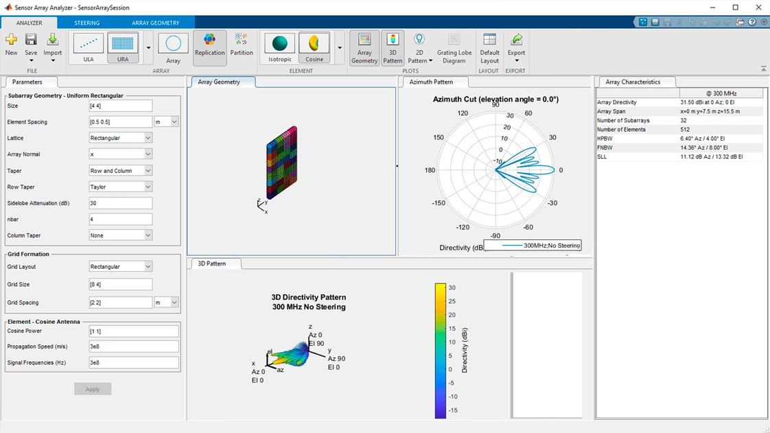 Sensor Array Analyzer app showing the array parameters and geometry, directivity pattern in two and three dimensions, and array characteristics.