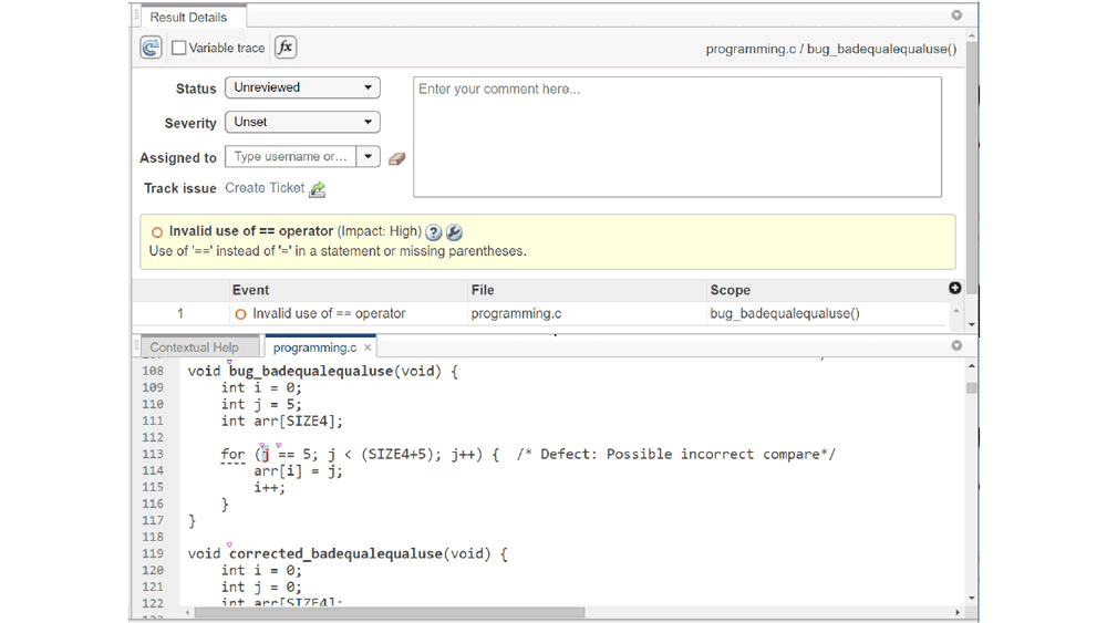 Results window highlighting the invalid use of an operator in the code.
