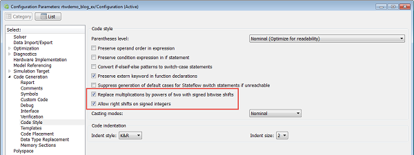 Code generation options to configure the use of shift operations as discussed in the example above.