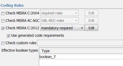 Example of the settings that are imported from the code generation environment.