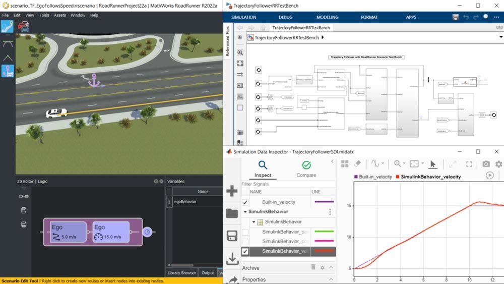 Simulink model for controlling a vehicle in RoadRunner Scenario.