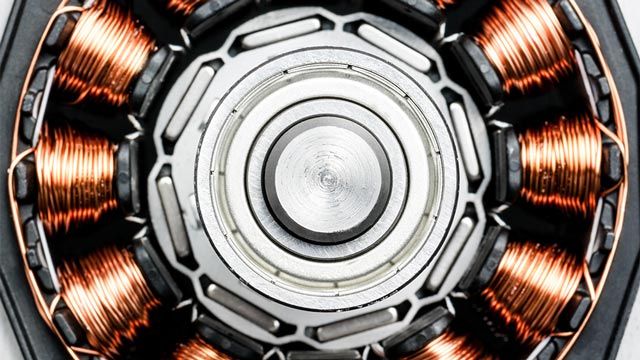 Permanent Magnet Motor Detail of copper winding, stack, and shaft of a electric permanent magnet motor.