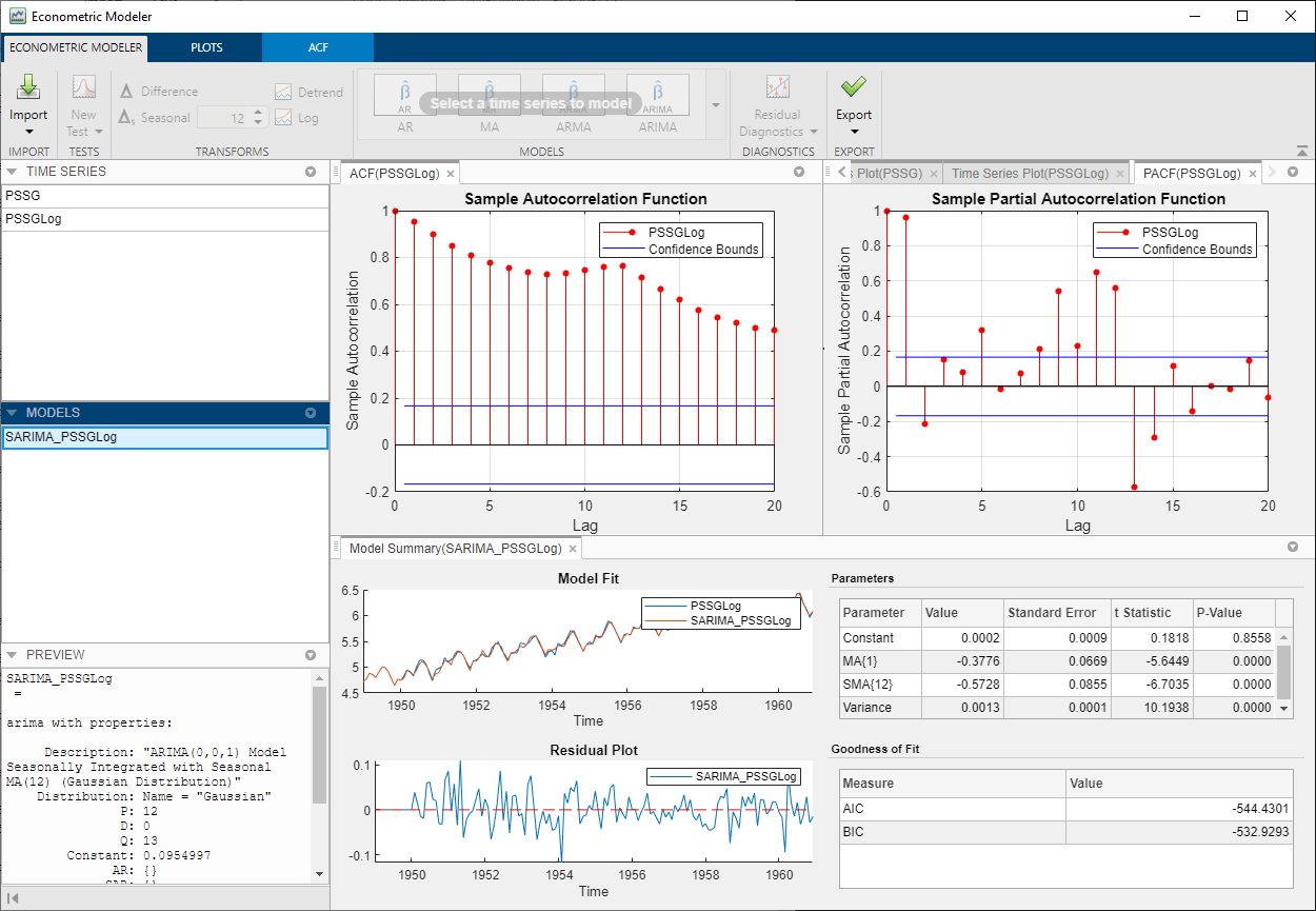 Screenshot of the Econometric Modeler app.